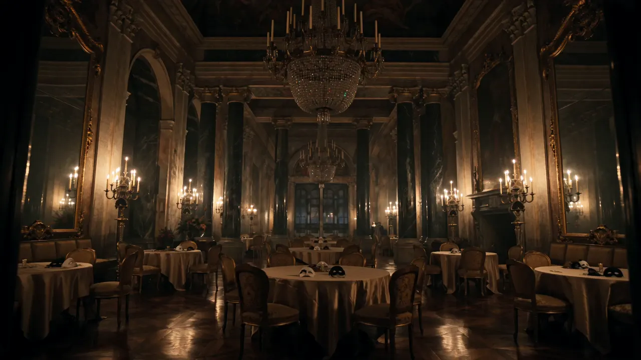 A grand candlelit interior prepared for hosted guests.
