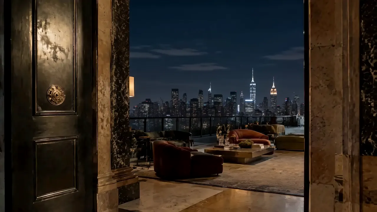 A city skyline at night seen from a private penthouse terrace.