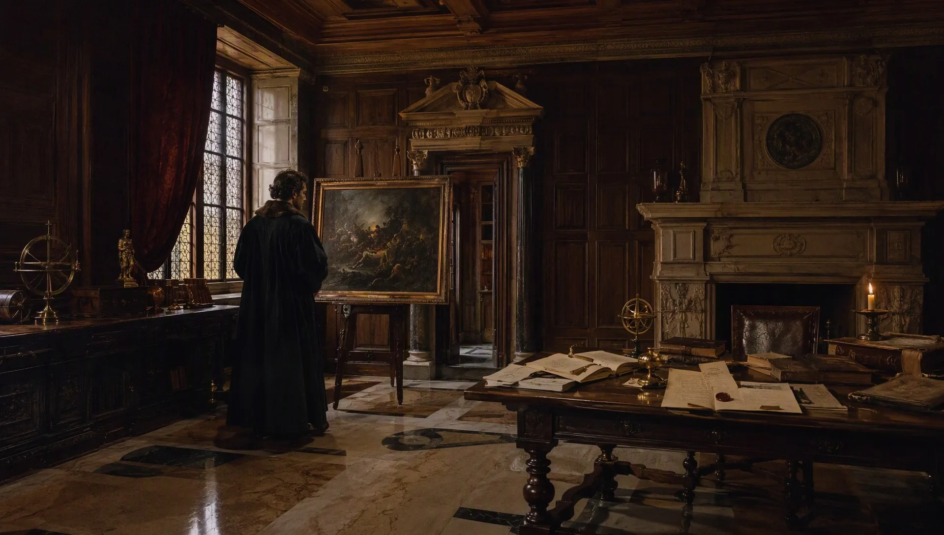 A patron studying a framed painting in a wood-panelled Renaissance studiolo.