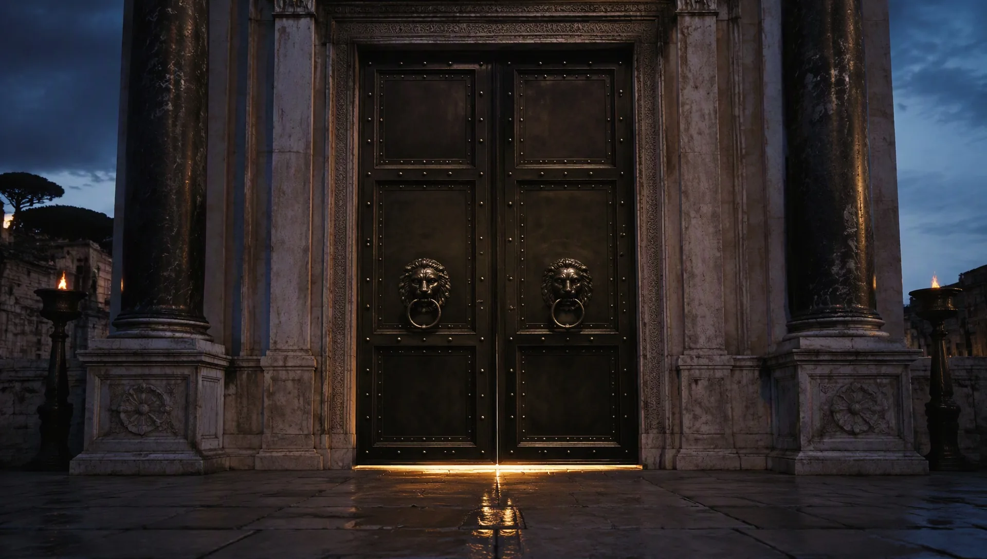 Dusk settling over Rome beyond an ancient stone doorway.