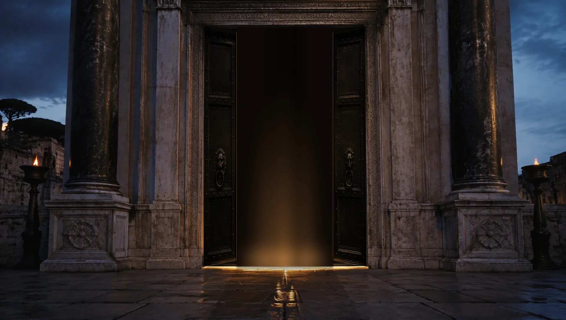 A dim lamplit interior beyond fully open bronze doors.